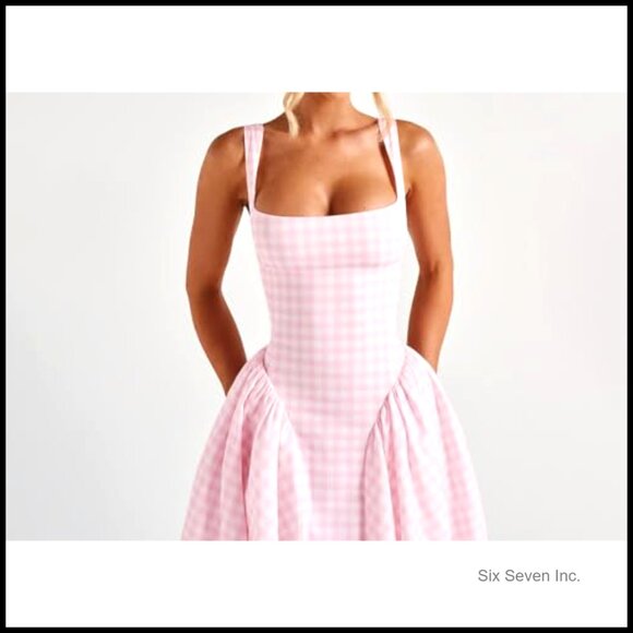 Long Gingham Corset Sundress Square Neck Lace Up Backless A Line Casual - Picture 7 of 7